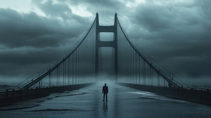 Wall Mural - A solitary figure stands on a foggy bridge under a dramatic sky.