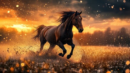 Wall Mural - A majestic horse galloping through a field at sunset, creating a dynamic and serene scene.