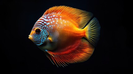 A vibrant, colorful fish swimming against a dark background.