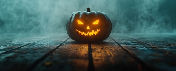 Halloween pumpkin with a glowing face on a wooden table against a foggy background Halloween concept, Halloween mood Generative AI