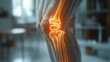 © Helois - Close-up of a human knee joint with glowing bones, highlighting the anatomy and potential pain or injury.
