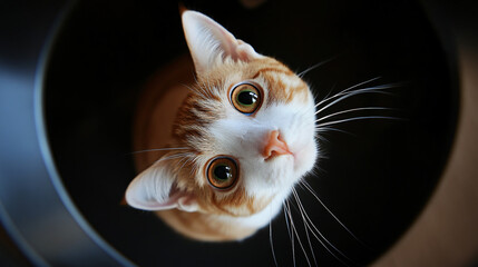 A cat with its head raised, eyes wide open, and staring into the camera lens