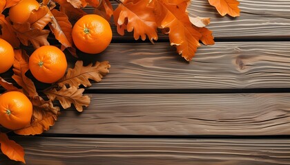 Rustic wooden table adorned with vibrant orange leaves under a serene autumn backdrop