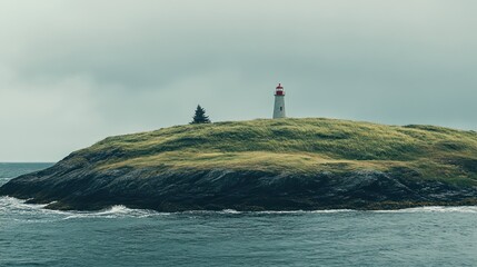 Wall Mural - A solitary lighthouse on a grassy island under a cloudy sky, surrounded by ocean waves.