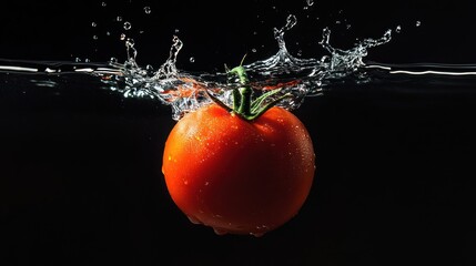 A tomato splashes into water, showcasing freshness and vitality.