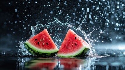 Poster - Juicy watermelon halves splashing in water, creating a refreshing and vibrant scene.