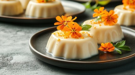 White panna cotta dessert with flower garnish on plate, fine dining restaurant