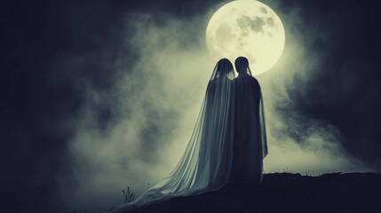 Canvas Print - A haunting scene of two figures in white veils against a full moon and misty backdrop.