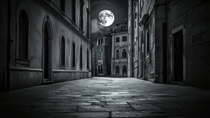 Canvas Print - A moody, moonlit alleyway creates an eerie atmosphere in a quiet urban setting.