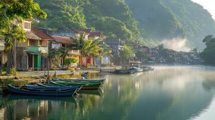 Wall Mural - Tranquil waterside scene with boats and colorful houses reflecting in calm water.