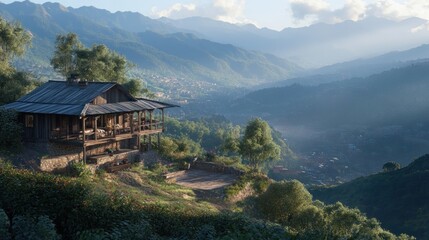 A serene mountain landscape featuring a rustic wooden house overlooking lush valleys.