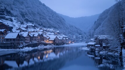 Wall Mural - A serene winter village by a river, illuminated by soft lights under a snowy landscape.