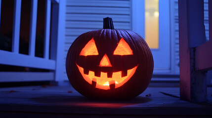 Jack-o'-lantern glowing on a porch.


