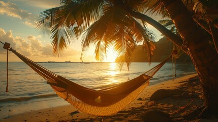 Wall Mural - Hammock Suspended Between Palm Trees on a Beach at Sunset