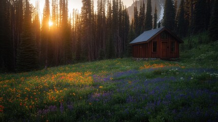 Wall Mural - A serene cabin surrounded by vibrant wildflowers at sunset in a tranquil forest setting.