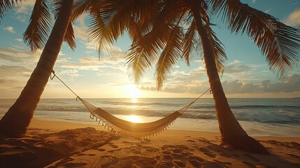 Hammock Suspended Between Palm Trees on a Tropical Beach at Sunset