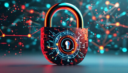 Wall Mural - Futuristic digital padlock symbol against an abstract network background representing advanced cybersecurity and data protection, emphasizing business data privacy and internet security technology