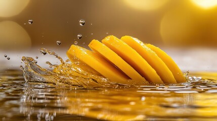 Wall Mural - Slices of mango create a splash in water, highlighting freshness and vibrancy.