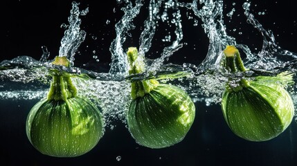 Canvas Print - Three green zucchinis splashing into water, creating dynamic waves and bubbles.