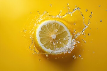 Sticker - A lemon slice splashes in water against a vibrant yellow background.