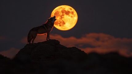 Canvas Print - A wolf howling at a full moon, set against a dramatic night sky.