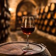 © Helois - A glass of red wine sits on a wooden barrel in a dimly lit wine cellar.