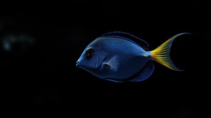 Wall Mural - A vibrant blue fish with a yellow tail swimming against a dark background.