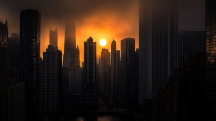 Poster - A dramatic sunset illuminating a city skyline shrouded in mist.