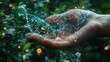 © tunanon - A futuristic hand on plants, with transparent DNA strands, biochemistry symbols, and molecules swirling around