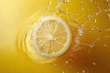 Wall Mural - A lemon slice splashes into a vibrant yellow liquid, creating a refreshing visual effect.