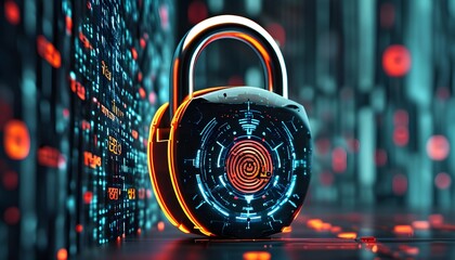 Futuristic digital padlock with binary code backdrop symbolizing cybersecurity and data protection for enhanced business privacy in internet network security