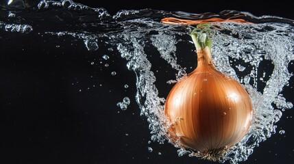 Poster - An onion splashes into water, creating dynamic bubbles and ripples.