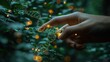 © tunanon - A futuristic scene of a hand inspecting plants with biochemistry elements, DNA sequences, and molecules softly appearing