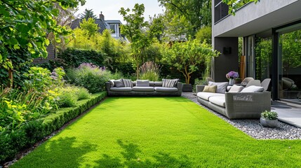 Modern Patio with Lush Greenery and Two Couches