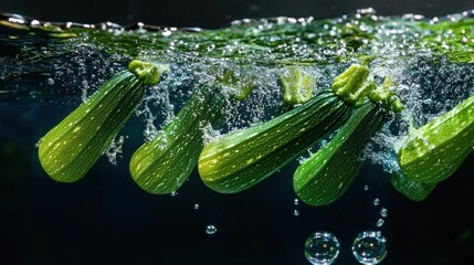 Wall Mural - Fresh zucchinis submerged in water, creating bubbles and splashes.