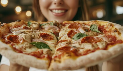 A young woman enjoying a delicious pizza in a rustic pizzeria, her eyes closed in pure satisfaction.