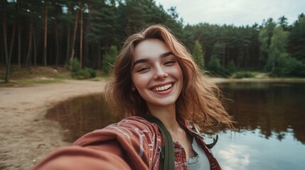 Gorgeous, happy young lady enjoying herself at the lakeside in the forest on a beautiful day, smiling and taking a selfie. superior quality image