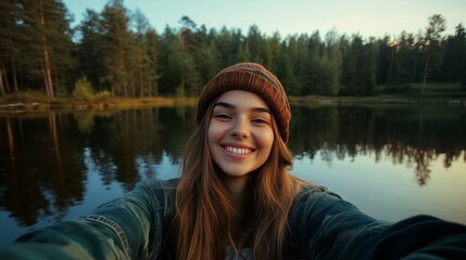 Beautiful cheerful young woman having a good time at the forest lakeside on a lovely day, taking a selfie, smiling. High quality photo --ar 16:9 --v 6.1 Job ID: ee932169-dd75-43ae-b789-d0f88b728123