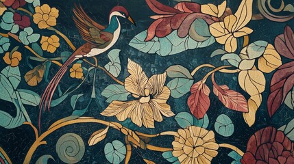 dynamic art nouveau mural featuring flowing vines, birds, and flowers in a harmonious blend of color