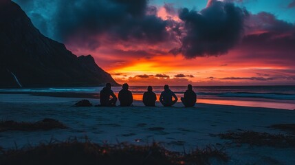 Canvas Print - Silhouettes of Friends Watching Sunset on Beach