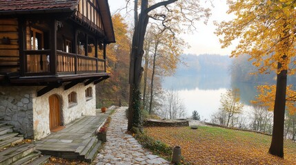 Wall Mural - A serene lakeside scene featuring a charming wooden house surrounded by autumn foliage.