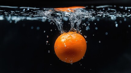 Wall Mural - An orange splashes into water, creating bubbles and ripples in a dark background.