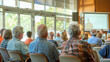 © Santy Hong - A group of retirees in a bright, airy community center, attending a workshop on Social Security benefits, with a speaker presenting information on a screen
