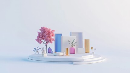 Sticker - A minimalist display featuring geometric shapes, plants, and decorative elements in soft colors.