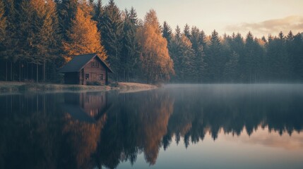 Sticker - Tranquil lakeside scene with a cabin surrounded by autumn foliage and misty reflections.