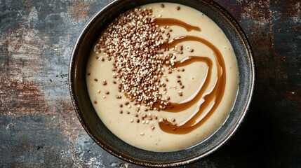 Creamy Soup with Seeds and Drizzle in Rustic Bowl