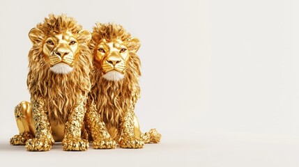 Poster - Two golden lion sculptures sitting side by side against a plain background.