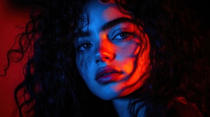 Poster - A close-up portrait of a person with curly hair, illuminated by dramatic red and blue lighting.