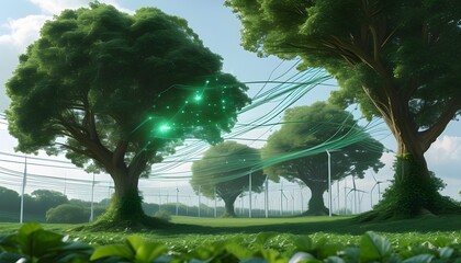 Wall Mural - Futuristic Innovations in Sustainable Agriculture: Wireframe Trees, Green Energy Networks, and Biotech Research for Eco-Friendly Systems