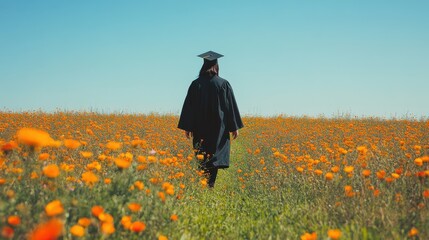 Graduate Standing in a Field of Vibrant Orange Flowers